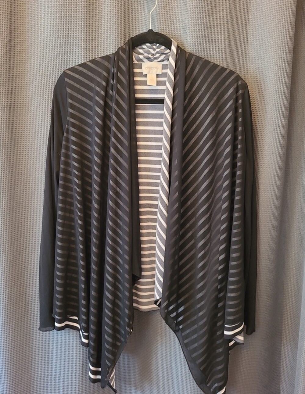 Chicos Women’s Black White Striped Long Sleeve Open Front Cardigan 1 M